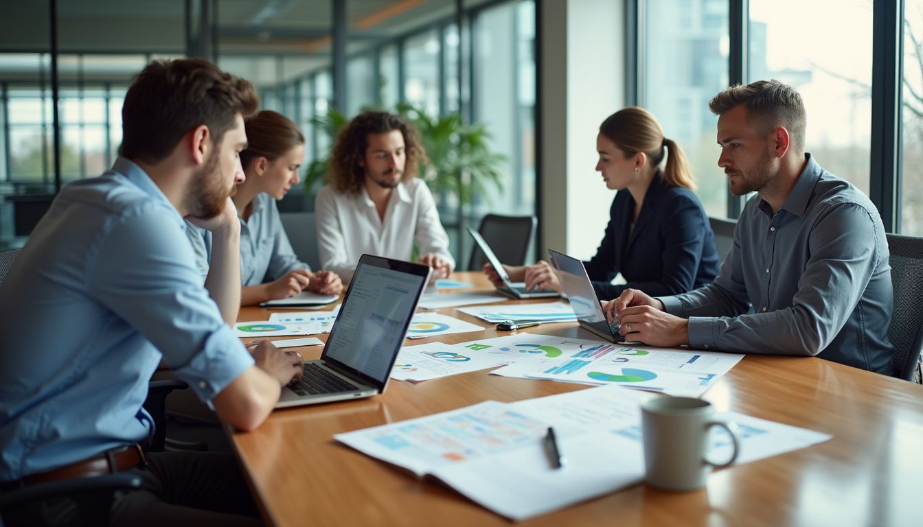A diverse group collaborates around a polished conference table in an office. A diverse group collaborates around a polished conference table in an office.